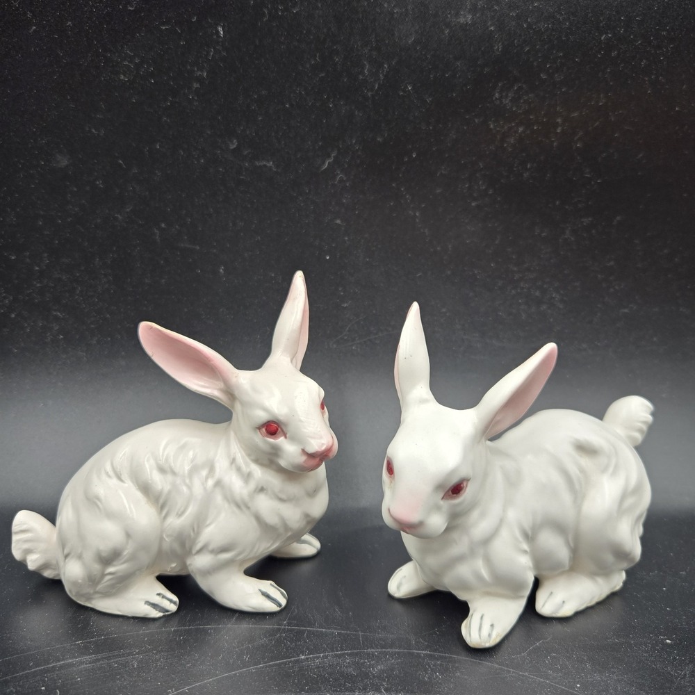Two Vintage Porcelain White Pink Ear Eyes Bunny Rabbits Easter Napco Japan MCM‎
